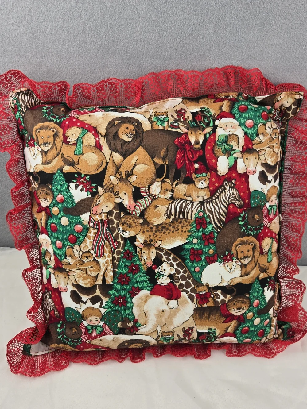 Vintage Handmade Noah's Ark Christmas Throw Pillow Red Lace Ruffle
